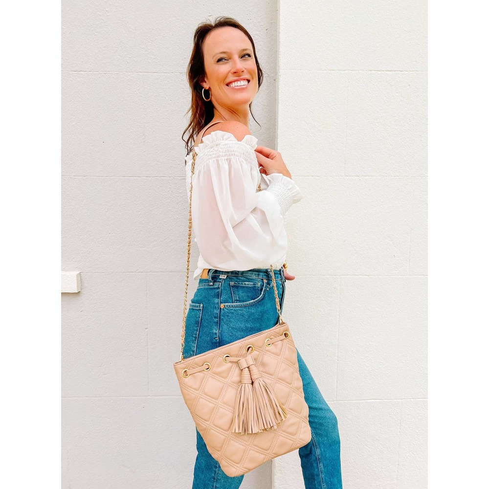 Quilted Tassel Chain Crossbody Bag in Beige